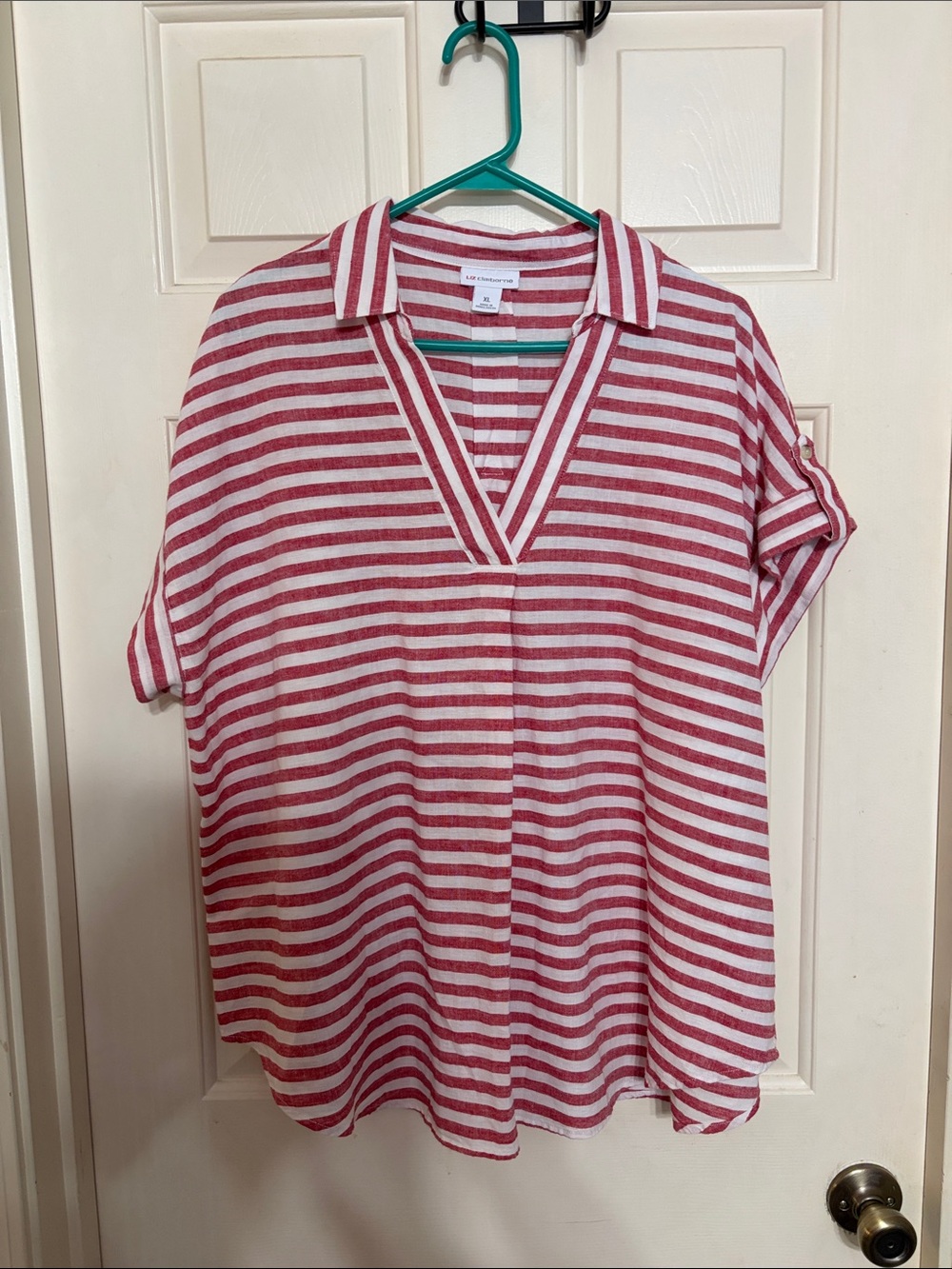 Liz Claiborne Red and White Striped V-Neck Collared Tunic